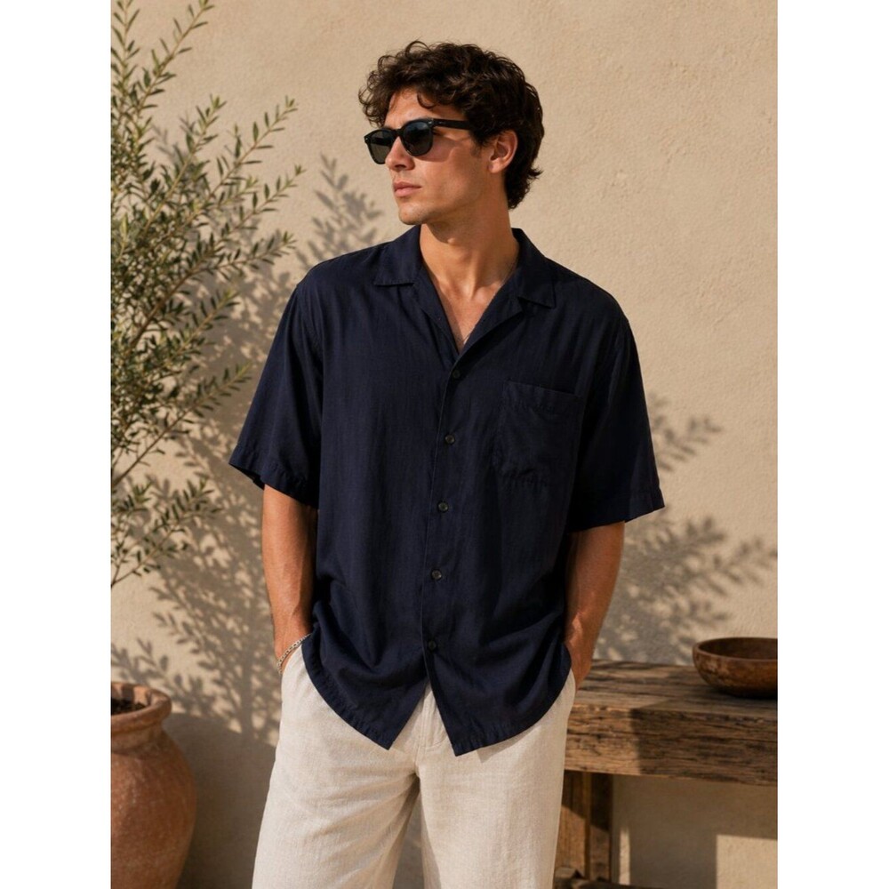 Vintage 90s 100% Silk Basic Elements Navy Shirt Men’s XL Made In Hong Kong